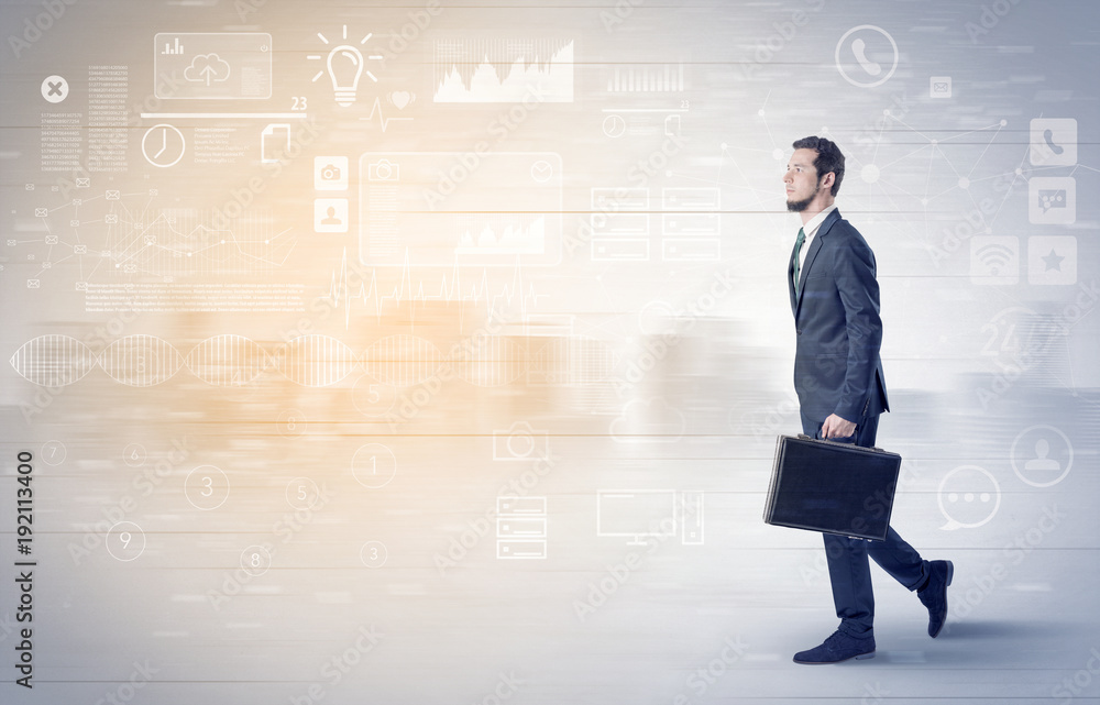 Businessman walking with database concept around Businessman walking with database concept around