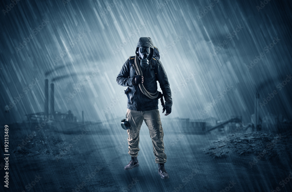 Fototapeta premium Gas masked men in demolished environment