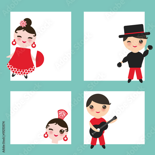 Spanish flamenco dancer card design, banner template. Kawaii cute face with pink cheeks winking eyes. Gipsy girl and boy, red black white dress, polka dot fabric, on white aqua blue background. Vector
