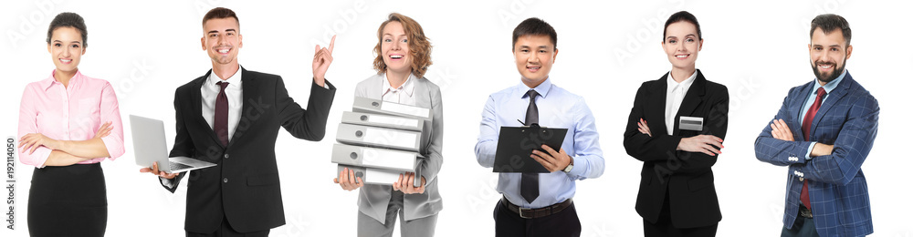 Collage with owners of different small businesses on white background Collage with owners of different small businesses on white background