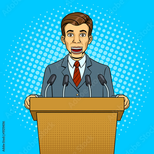 Speaking puppet on tribune pop art style vector