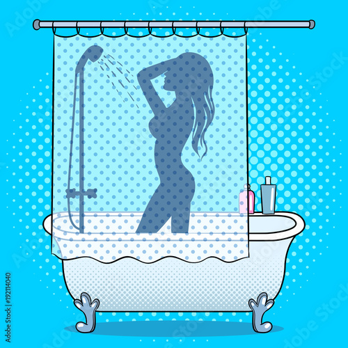 Woman washing in shower pop art style vector