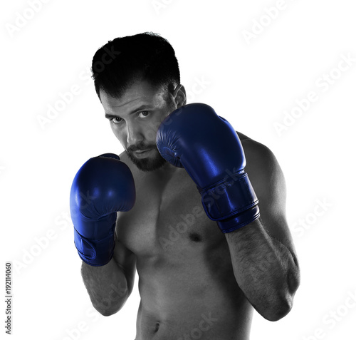 Male boxer on white background