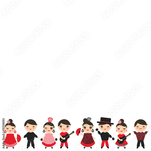Spanish flamenco dancer card design, banner template. Kawaii cute face with pink cheeks winking eyes. Gipsy girl and boy, red black white dress, polka dot fabric, Isolated on white background. Vector
