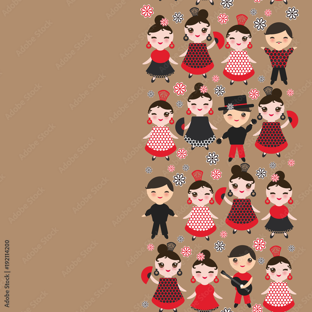 spanish Woman flamenco dancer. Kawaii cute face with pink cheeks and  winking eyes. Gipsy girl, red black dress, polka dot fabric, on light brown  background banner template, card design. Vector Stock Vector