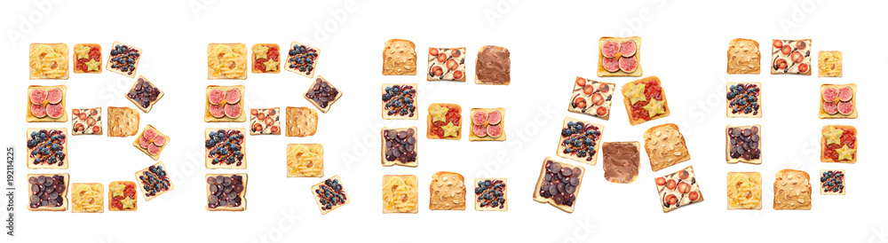 Word BREAD made of toasts with different toppings on white background Word BREAD made of toasts with different toppings on white background