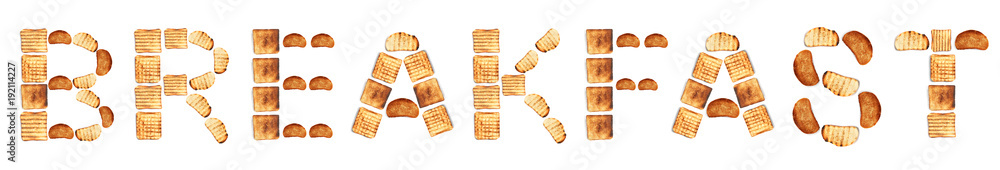 Word BREAKFAST made of toast bread slices on white background Word BREAKFAST made of toast bread slices on white background