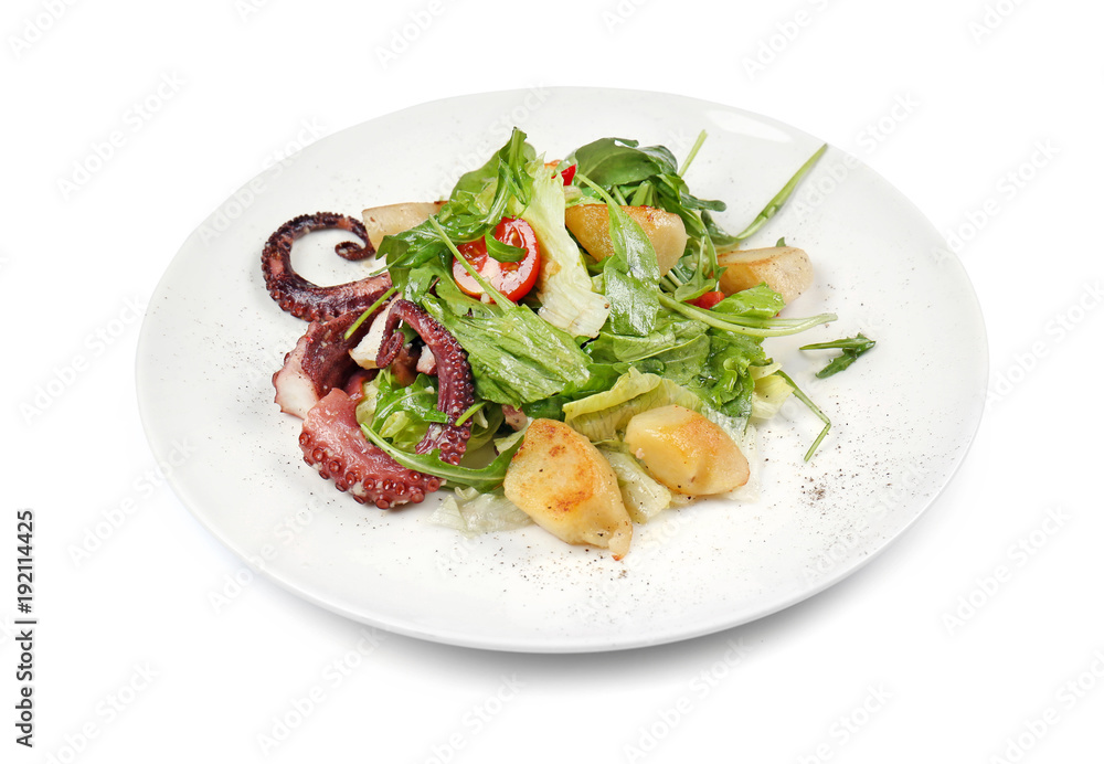 Plate of tasty warm salad with octopus on white background Plate of tasty warm salad with octopus on white background