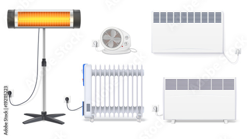 Panel of radiator, electric oil radiator, heater with fan, quartz halogen heater with the glowing lamp. Appliances for space heating in the interior of room. Set icons with plug on white background.