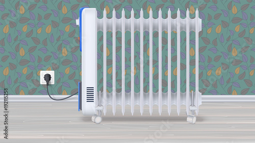 Oil radiator in room with wallpaper. White, electric oil filled heater on light wooden floor. Domestic electric heater with plug and electric cord. Horizontal 3D illustration.