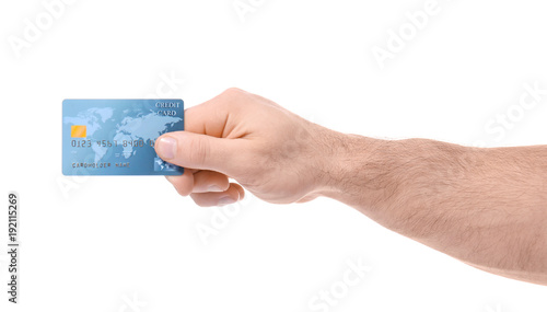 Man holding credit card on ...