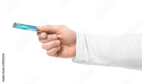 Man holding credit card on ...