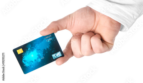 Man holding credit card on ...