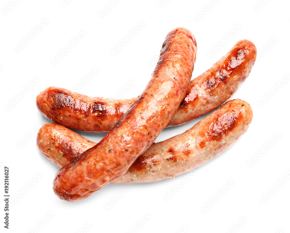 Delicious grilled sausages on white background Delicious grilled sausages on white background