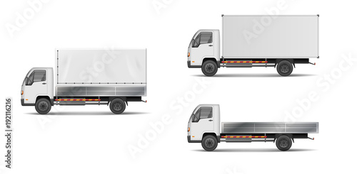 Set of realistic white cargo vehicles. vector illustration with heavy truck, trailer, lorry, delivery van isolated. Side view mockup.