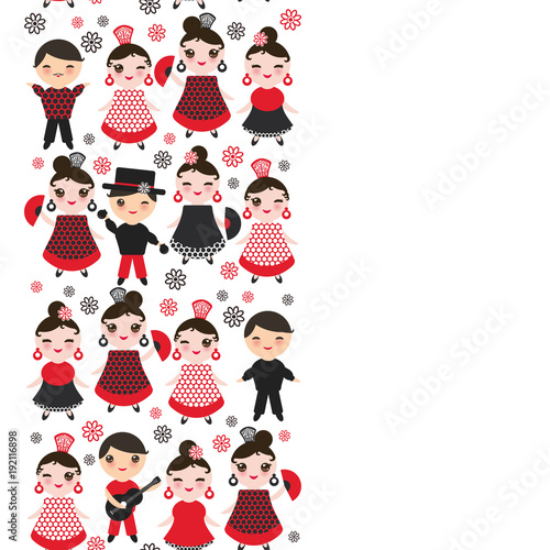 spanish Woman flamenco dancer. Kawaii cute face with pink cheeks and winking eyes. Gipsy girl, red black dress, polka dot fabric, on white background banner template, card design. Vector