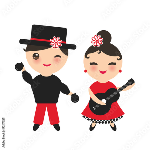 Spanish flamenco dancer set. Kawaii cute face with pink cheeks and winking eyes. Gipsy girl with guitar and boy with castanets, red black white dress, Isolated on white background. Vector