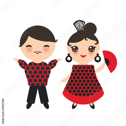 Spanish flamenco dancer set. Kawaii cute face with pink cheeks and winking eyes. Gipsy girl with fan and boy, red black white dress, polka dot fabric, Isolated on white background. Vector