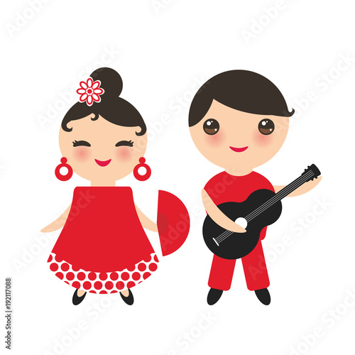 Spanish flamenco dancer set. Gipsy girl with fan and boy with guitar, red white dress, Isolated on white background. Kawaii cute face with pink cheeks and winking eyes. Vector