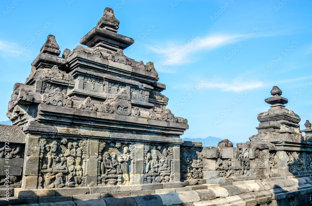 Decorated stone with bas reliefs in the Borobudur temple in Yogyakarta, Java, Indonesia. Decorated stone with bas reliefs in the Borobudur temple in Yogyakarta, Java, Indonesia.