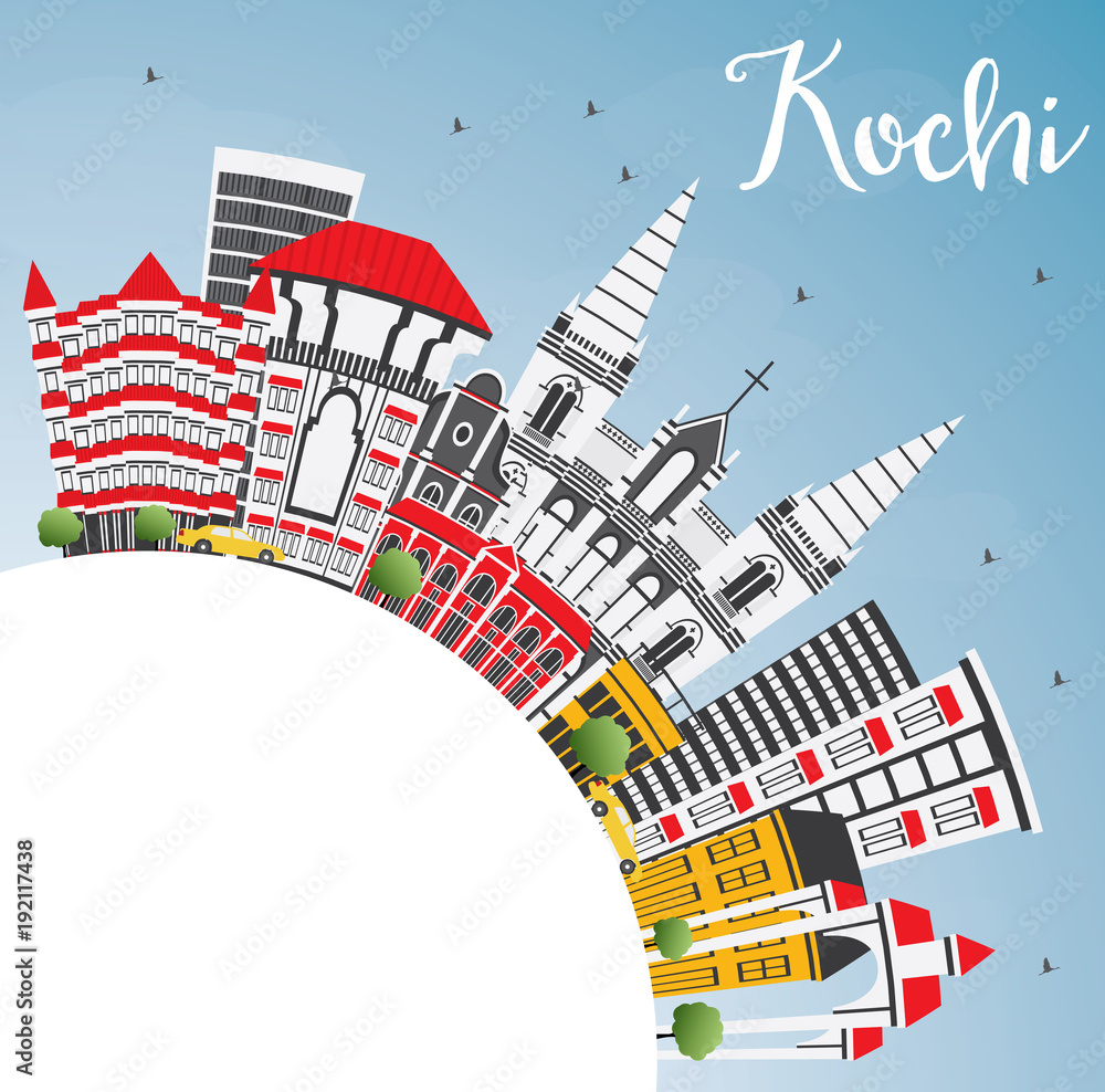Kochi India City Skyline with Color Buildings, Blue Sky and Copy Space.