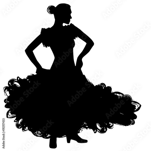 Woman in long dress stay in dancing pose. flamenco dancer Spanish regions of Andalusia, Extremadura Murcia. black silhouette Isolated on white background brush outline sketch. Vector