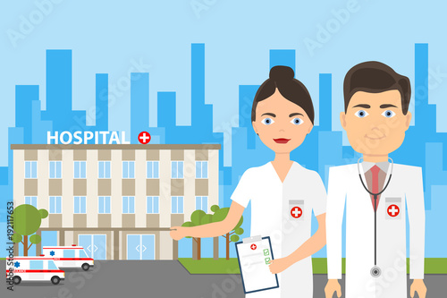 Doctor on the background of the hospital. The concept of medical treatment.