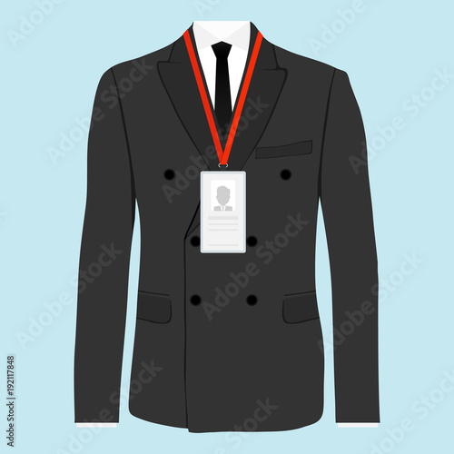 Costume of a businessman with an identification card. Identification card hangs on the businessman's suit.