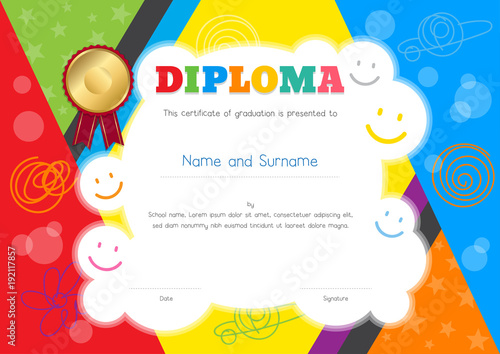 Kids Diploma or certificate template with colorful and hand drawing background border