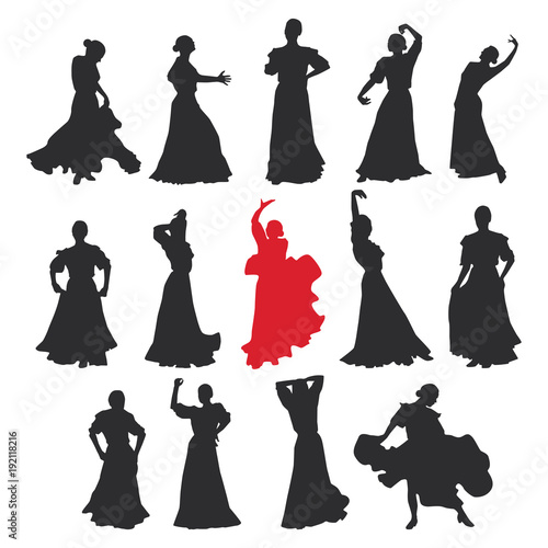 set of women in dress stay in dancing pose. flamenco dancer Spanish regions of Andalusia, Extremadura and Murcia. black silhouette white background brush sketch. Vector photo