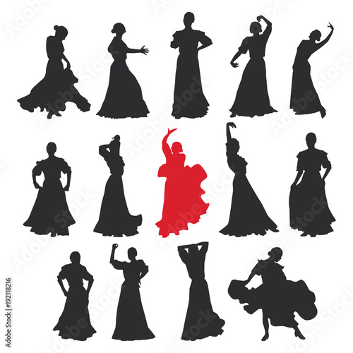 set of women in dress stay in dancing pose. flamenco dancer Spanish regions of Andalusia, Extremadura and Murcia. black silhouette white background brush sketch. Vector