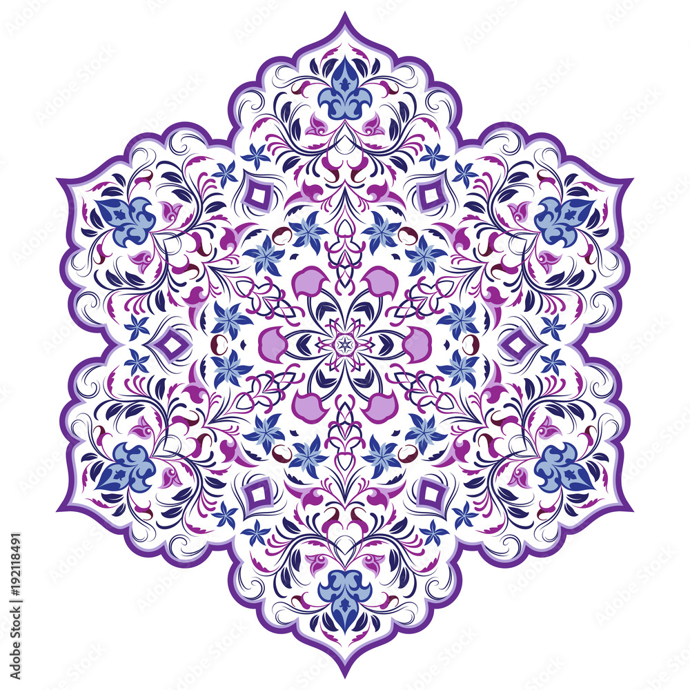 Fototapeta Vector decorative element in Oriental style. Richly decorated with arabesques ornament for the design of greeting cards, invitations and web pages. The Arabic pattern in purple and blue colors.