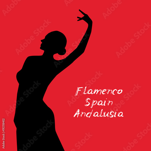 Woman in long dress stay in dancing pose. flamenco dancer, spanish. beautiful female profile black silhouette on red background. Vector