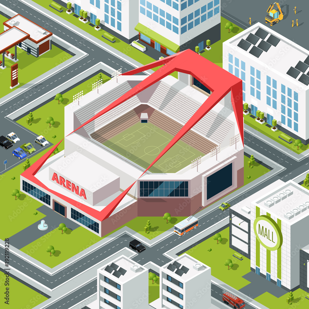 Fototapeta premium Isometric urban landscape with modern building of stadium