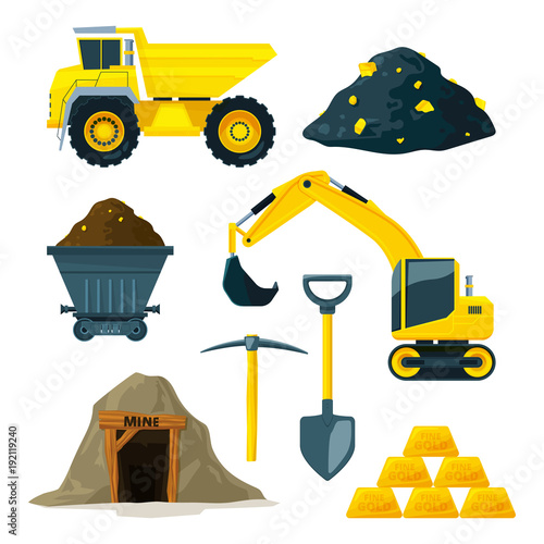 Illustrations of mining industry at different minerals, gold and diamonds