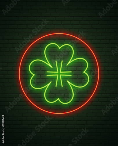 Patricks Day Neon sign and green brick wall. Realistic sign. National holiday symbol in Ireland. Irish Shamrock. Template night banner.