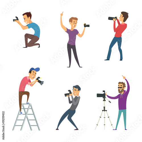 Photographers make photos. Set of funny characters isolate on white