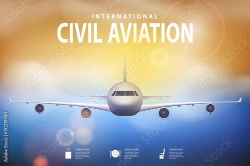 Summer travel illustration with airplane on blue sunny background. Brochure in tourism theme. Travel agency advertisement airplane poster design. Vector