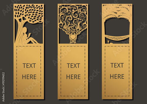 Laser cut with Tree set of ornate cards. Template for greeting card ,motivation tag, small card, bookmark and label with space for your text. Vector illustration design.