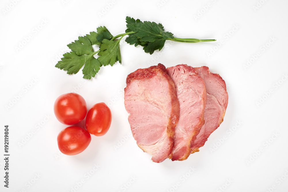 roasted pork slices and tomatoes isolated on white background