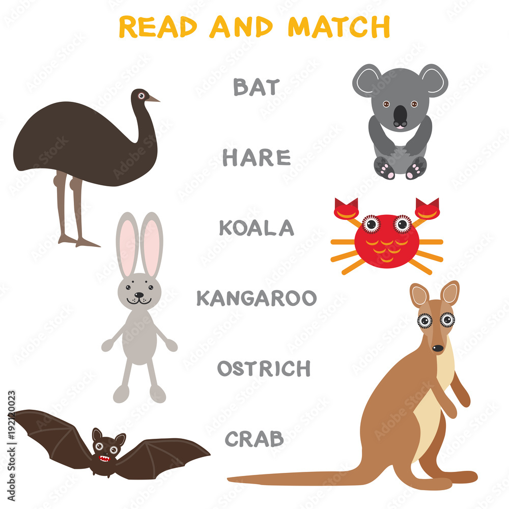 Kids words learning game worksheet read and match. Funny animals bat hare koala kangaroo ostrich crab Educational Game for Preschool Children Picture puzzle. Vector Kids words learning game worksheet read and match. Funny animals bat hare koala kangaroo ostrich crab Educational Game for Preschool Children Picture puzzle. Vector