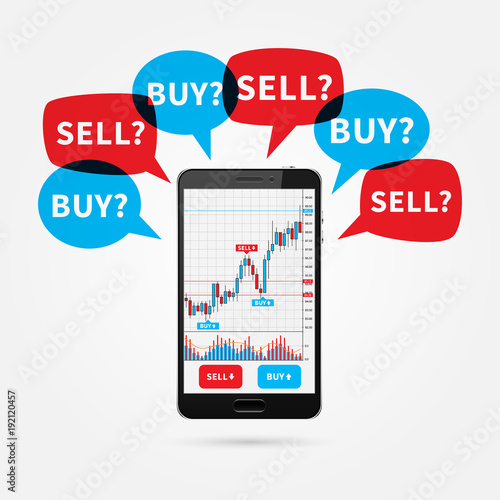 Forex trade candlestick graph on smartphone screen with speech bubbles Buy and Sell vector illustration. Stock exchange market graph on mobile device creative concept.