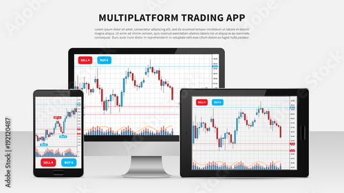 Trading candlestick chart on electronic devices vector illustration. Stock exchange market graph on smartphone, desktop and tablet creative concept. Forex trade chart graphic design.