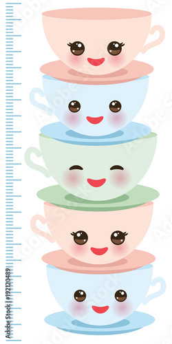 Cute pink Kawaii cup, funny isolated on white background. Children height meter wall sticker, kids measure. Vector
