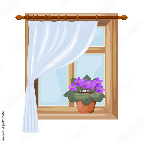 Color image of a window with curtains on a white background. Vector illustration of a window with a flower of violet