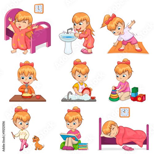 Little Girl Does Daily Routine Illustrations Set