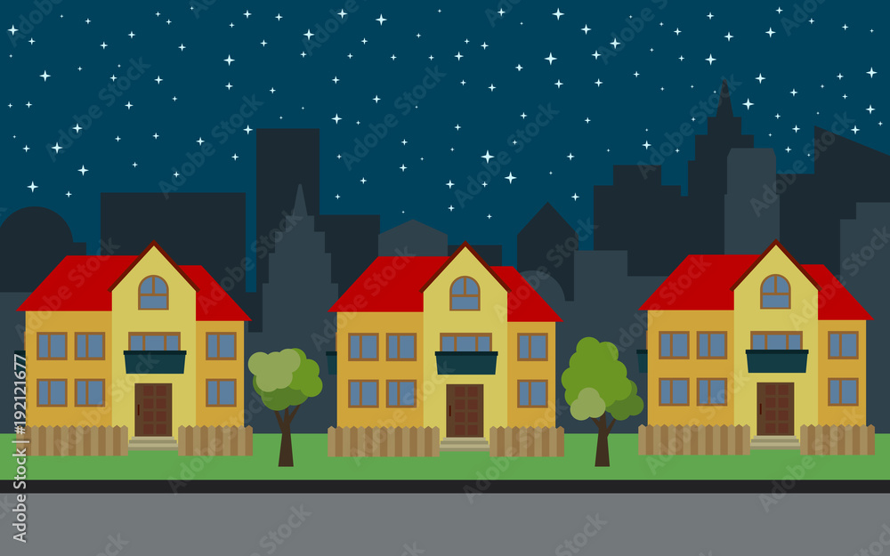 Vector city with three two-story cartoon houses and green trees at night. Summer urban landscape. Street view with cityscape on a background
Vector city with three two-story cartoon houses and green trees at night. Summer urban landscape. Street view with cityscape on a background