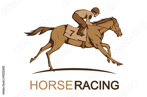  Horse racing. Jockey on racing horse running to the finish line. Race course