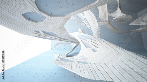 Abstract concrete and wood parametric interior with window. 3D illustration and rendering.