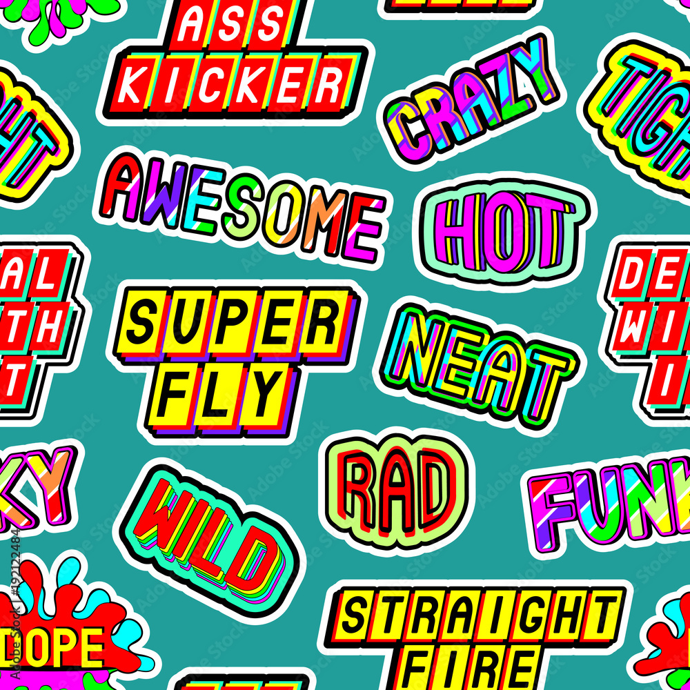 Seamless pattern with slang words and phrases: dope, straight fire, funky, deal with it, crazy, awesome, etc. Patches, badges, pins, stickers in 80s cartoon comic style. Green background. Seamless pattern with slang words and phrases: dope, straight fire, funky, deal with it, crazy, awesome, etc. Patches, badges, pins, stickers in 80s cartoon comic style. Green background.